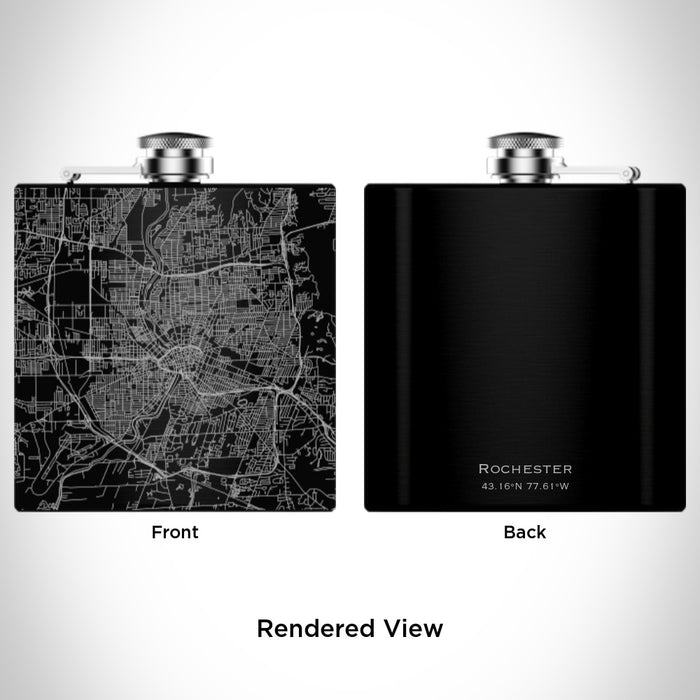 Rendered View of Rochester New York Map Engraving on 6oz Stainless Steel Flask in Black
