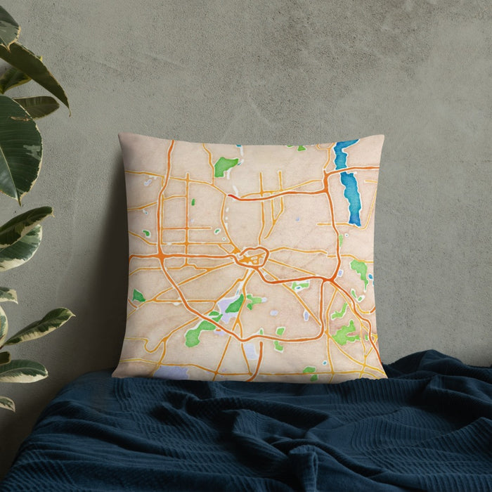 Custom Rochester New York Map Throw Pillow in Watercolor on Bedding Against Wall