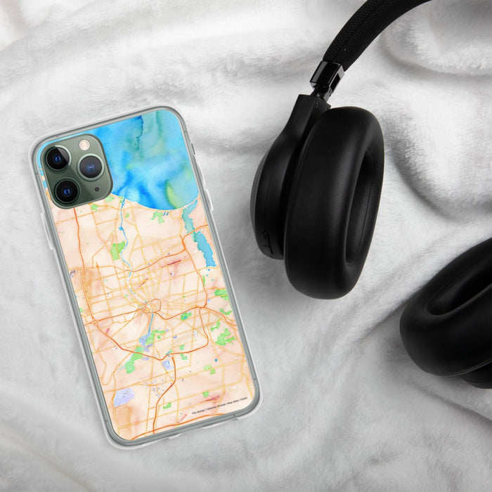 Custom Rochester New York Map Phone Case in Watercolor on Table with Black Headphones
