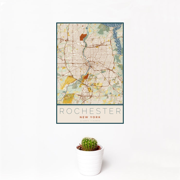 12x18 Rochester New York Map Print Portrait Orientation in Woodblock Style With Small Cactus Plant in White Planter