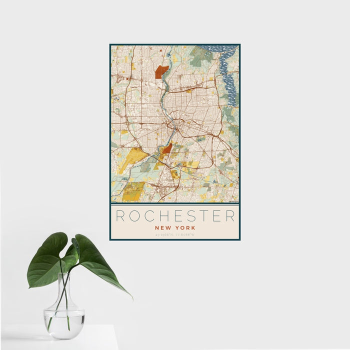 16x24 Rochester New York Map Print Portrait Orientation in Woodblock Style With Tropical Plant Leaves in Water