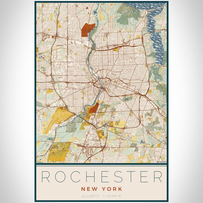 Rochester New York Map Print Portrait Orientation in Woodblock Style With Shaded Background