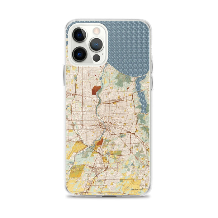 Custom iPhone 12 Pro Max Rochester New York Map Phone Case in Woodblock