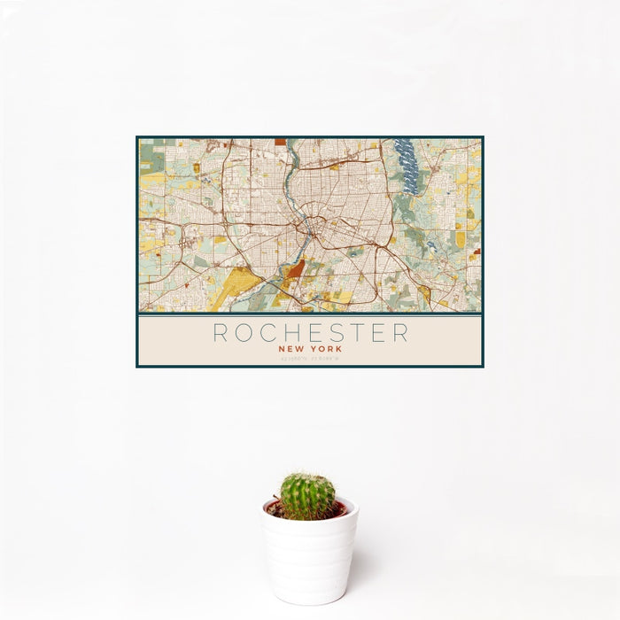 12x18 Rochester New York Map Print Landscape Orientation in Woodblock Style With Small Cactus Plant in White Planter