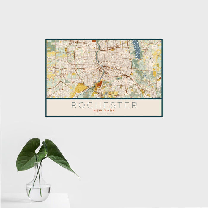 16x24 Rochester New York Map Print Landscape Orientation in Woodblock Style With Tropical Plant Leaves in Water