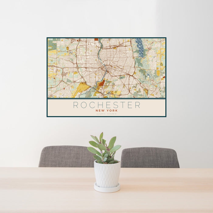 24x36 Rochester New York Map Print Landscape Orientation in Woodblock Style Behind 2 Chairs Table and Potted Plant