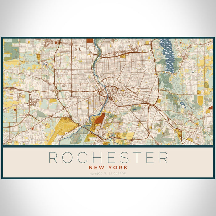 Rochester New York Map Print Landscape Orientation in Woodblock Style With Shaded Background