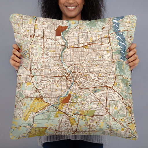 Person holding 22x22 Custom Rochester New York Map Throw Pillow in Woodblock