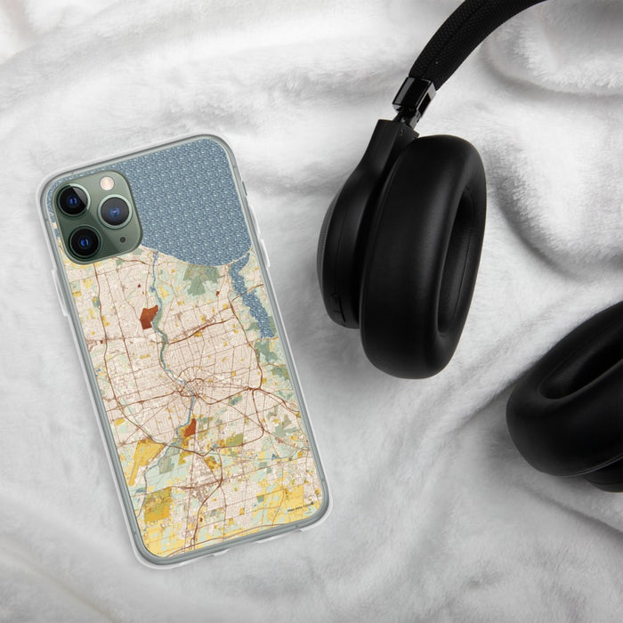 Custom Rochester New York Map Phone Case in Woodblock on Table with Black Headphones