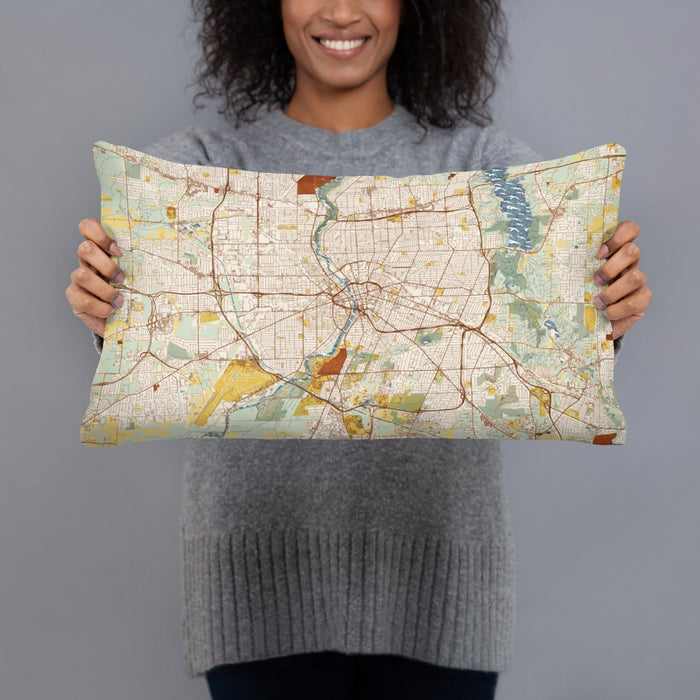 Person holding 20x12 Custom Rochester New York Map Throw Pillow in Woodblock