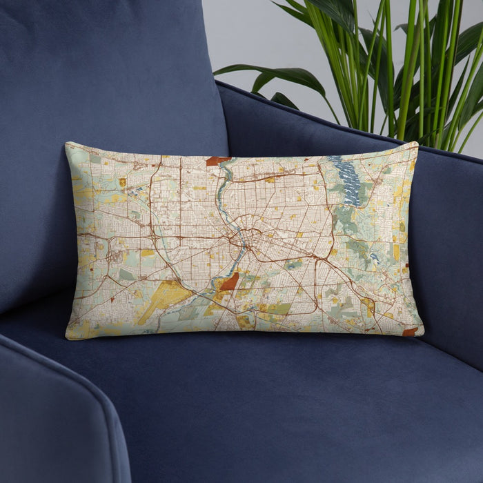 Custom Rochester New York Map Throw Pillow in Woodblock on Blue Colored Chair