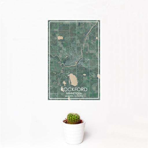 12x18 Rockford Minnesota Map Print Portrait Orientation in Afternoon Style With Small Cactus Plant in White Planter