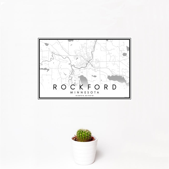 12x18 Rockford Minnesota Map Print Landscape Orientation in Classic Style With Small Cactus Plant in White Planter
