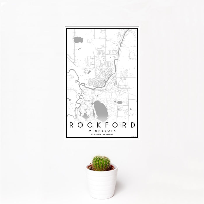 12x18 Rockford Minnesota Map Print Portrait Orientation in Classic Style With Small Cactus Plant in White Planter