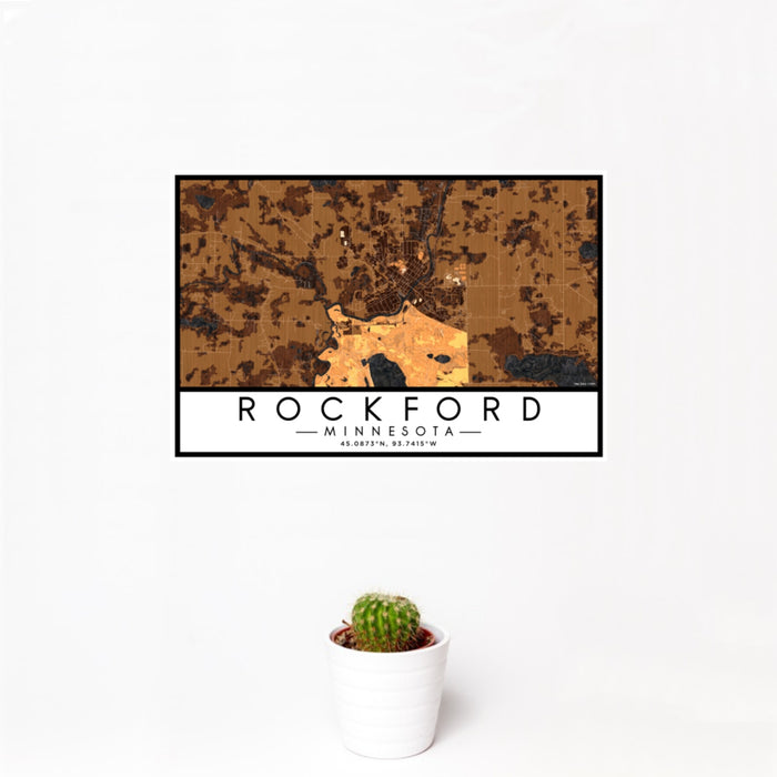 12x18 Rockford Minnesota Map Print Landscape Orientation in Ember Style With Small Cactus Plant in White Planter