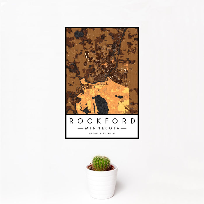 12x18 Rockford Minnesota Map Print Portrait Orientation in Ember Style With Small Cactus Plant in White Planter