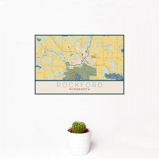 12x18 Rockford Minnesota Map Print Landscape Orientation in Woodblock Style With Small Cactus Plant in White Planter