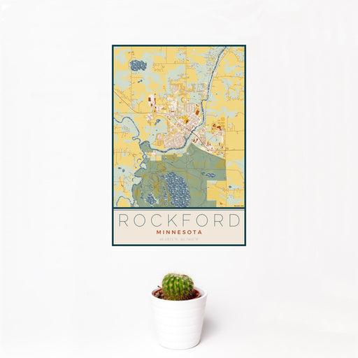 12x18 Rockford Minnesota Map Print Portrait Orientation in Woodblock Style With Small Cactus Plant in White Planter