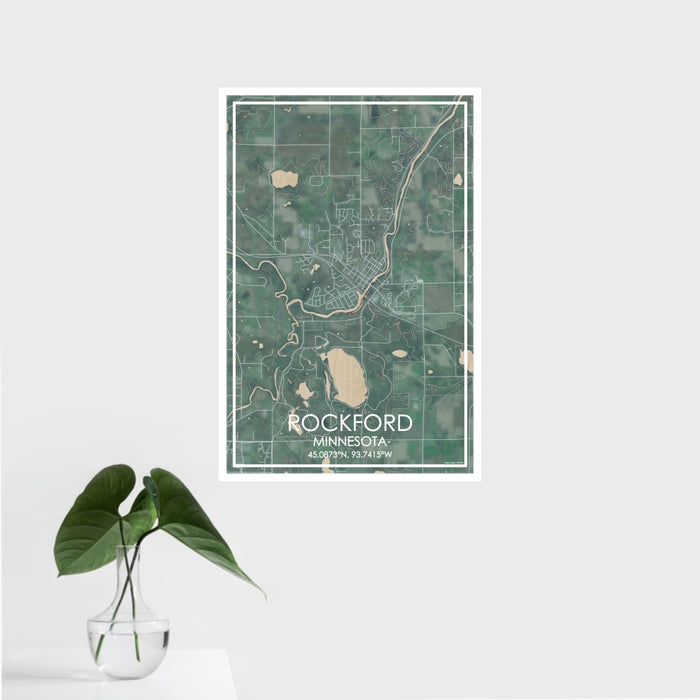 16x24 Rockford Minnesota Map Print Portrait Orientation in Afternoon Style With Tropical Plant Leaves in Water