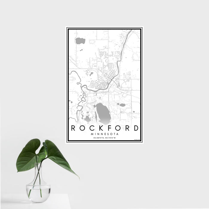 16x24 Rockford Minnesota Map Print Portrait Orientation in Classic Style With Tropical Plant Leaves in Water