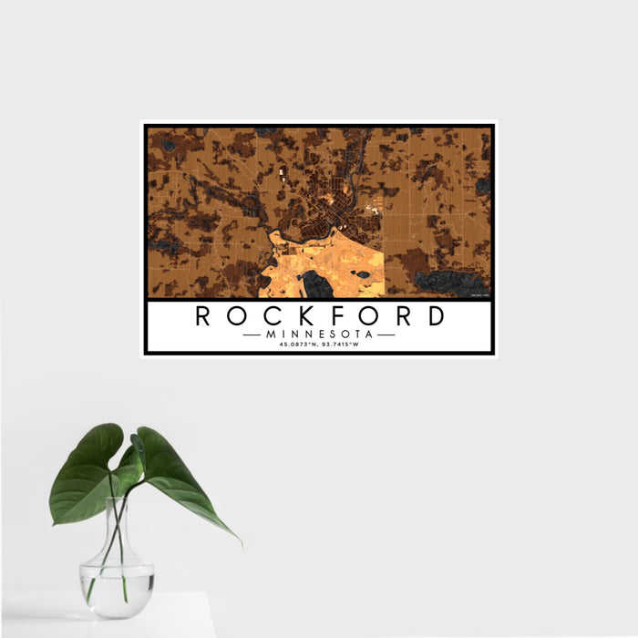 16x24 Rockford Minnesota Map Print Landscape Orientation in Ember Style With Tropical Plant Leaves in Water