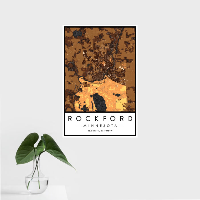 16x24 Rockford Minnesota Map Print Portrait Orientation in Ember Style With Tropical Plant Leaves in Water