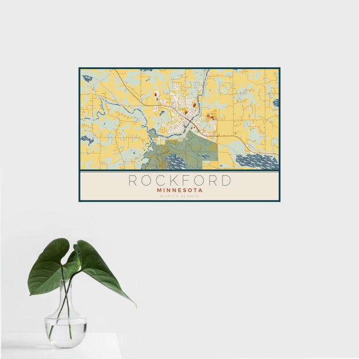 16x24 Rockford Minnesota Map Print Landscape Orientation in Woodblock Style With Tropical Plant Leaves in Water