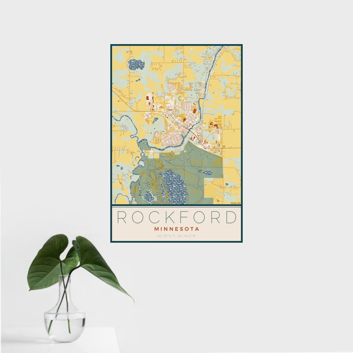 16x24 Rockford Minnesota Map Print Portrait Orientation in Woodblock Style With Tropical Plant Leaves in Water