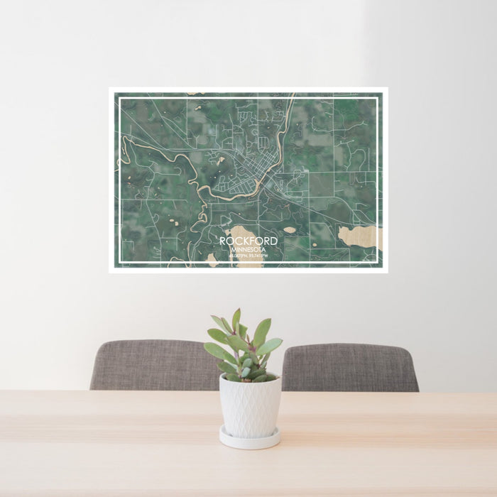 24x36 Rockford Minnesota Map Print Lanscape Orientation in Afternoon Style Behind 2 Chairs Table and Potted Plant
