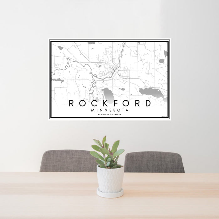 24x36 Rockford Minnesota Map Print Lanscape Orientation in Classic Style Behind 2 Chairs Table and Potted Plant