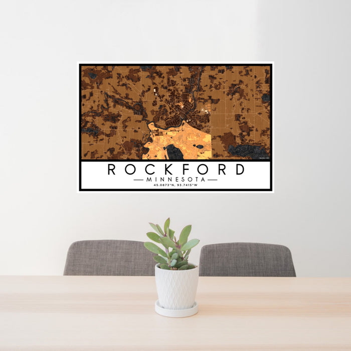 24x36 Rockford Minnesota Map Print Lanscape Orientation in Ember Style Behind 2 Chairs Table and Potted Plant