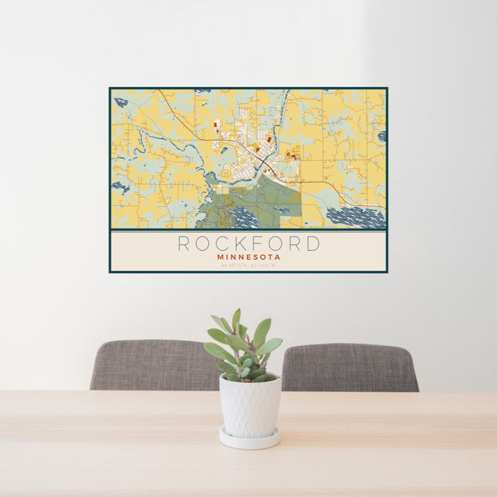 24x36 Rockford Minnesota Map Print Lanscape Orientation in Woodblock Style Behind 2 Chairs Table and Potted Plant
