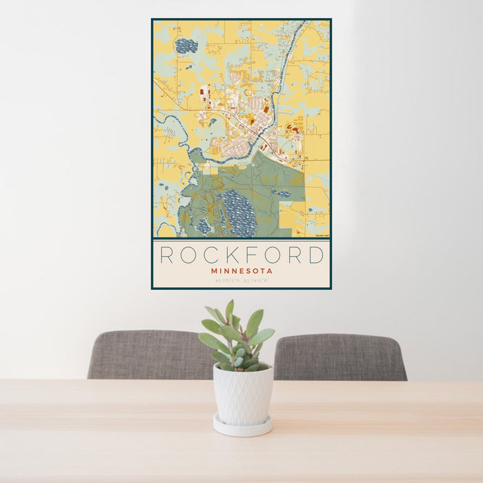 24x36 Rockford Minnesota Map Print Portrait Orientation in Woodblock Style Behind 2 Chairs Table and Potted Plant