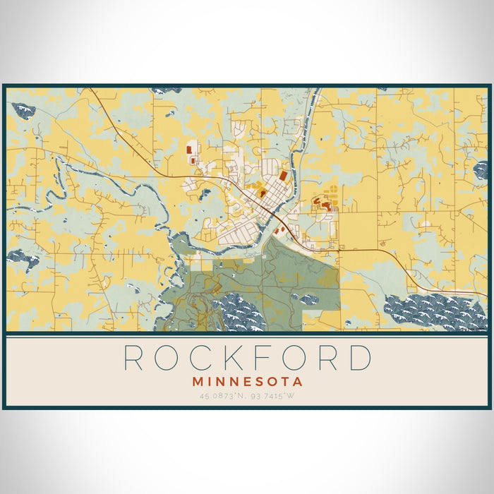 Rockford Minnesota Map Print Landscape Orientation in Woodblock Style With Shaded Background