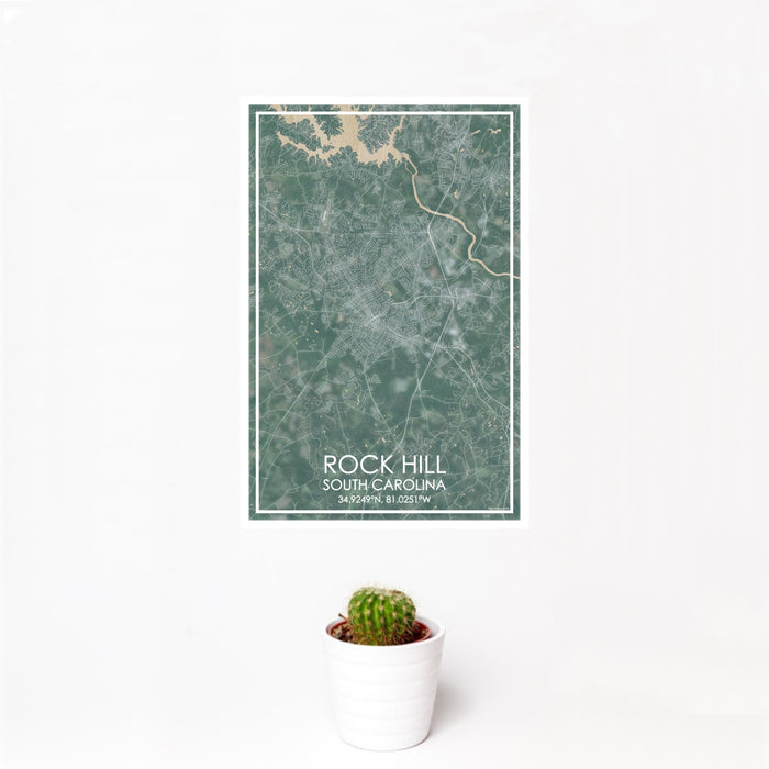 12x18 Rock Hill South Carolina Map Print Portrait Orientation in Afternoon Style With Small Cactus Plant in White Planter