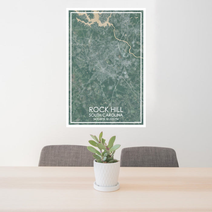 24x36 Rock Hill South Carolina Map Print Portrait Orientation in Afternoon Style Behind 2 Chairs Table and Potted Plant