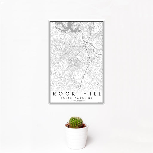 12x18 Rock Hill South Carolina Map Print Portrait Orientation in Classic Style With Small Cactus Plant in White Planter