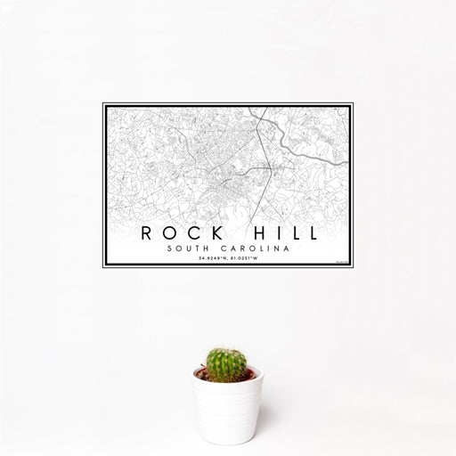 12x18 Rock Hill South Carolina Map Print Landscape Orientation in Classic Style With Small Cactus Plant in White Planter