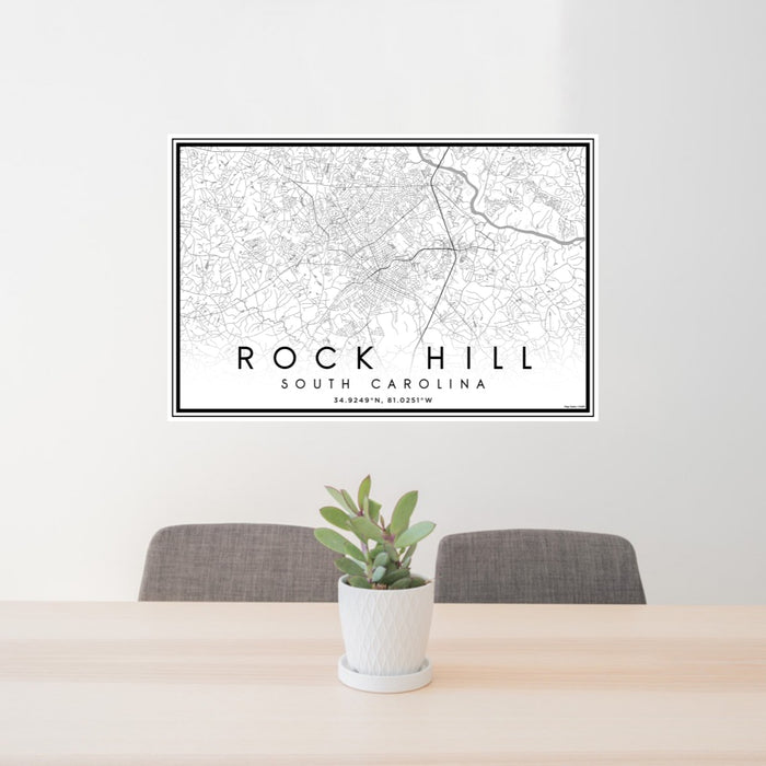 24x36 Rock Hill South Carolina Map Print Landscape Orientation in Classic Style Behind 2 Chairs Table and Potted Plant
