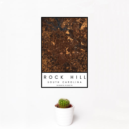 12x18 Rock Hill South Carolina Map Print Portrait Orientation in Ember Style With Small Cactus Plant in White Planter