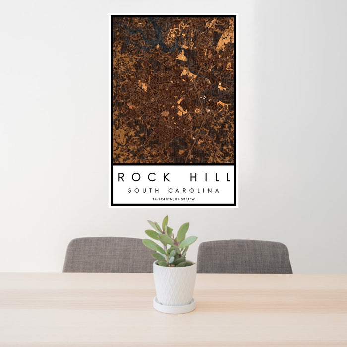 24x36 Rock Hill South Carolina Map Print Portrait Orientation in Ember Style Behind 2 Chairs Table and Potted Plant