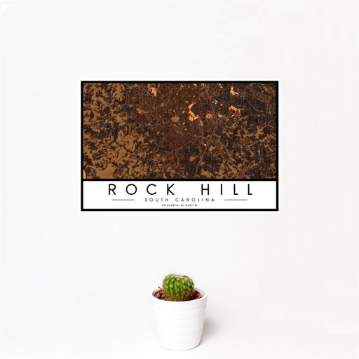 12x18 Rock Hill South Carolina Map Print Landscape Orientation in Ember Style With Small Cactus Plant in White Planter