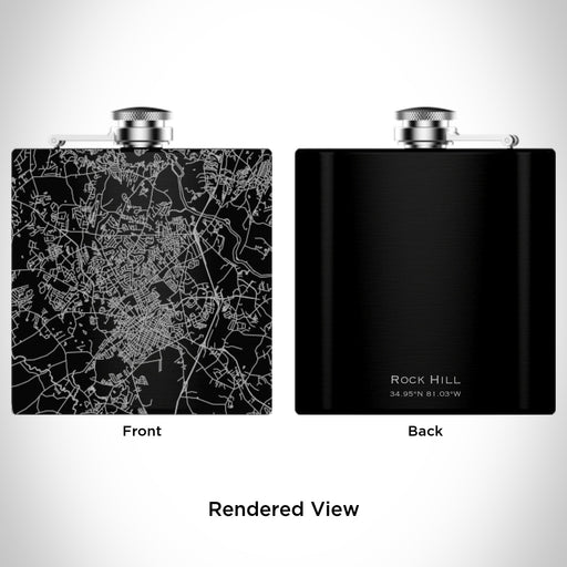 Rendered View of Rock Hill South Carolina Map Engraving on 6oz Stainless Steel Flask in Black