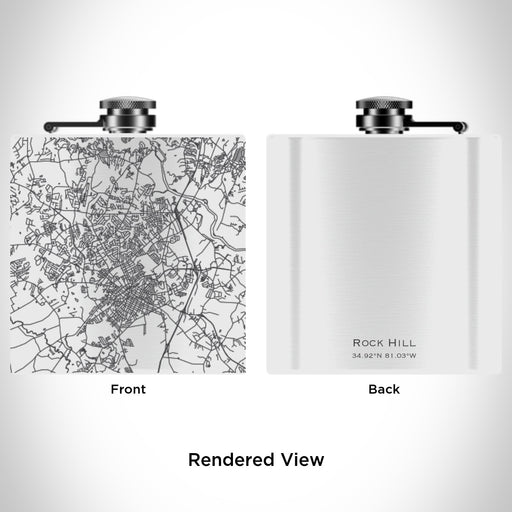 Rendered View of Rock Hill South Carolina Map Engraving on 6oz Stainless Steel Flask in White