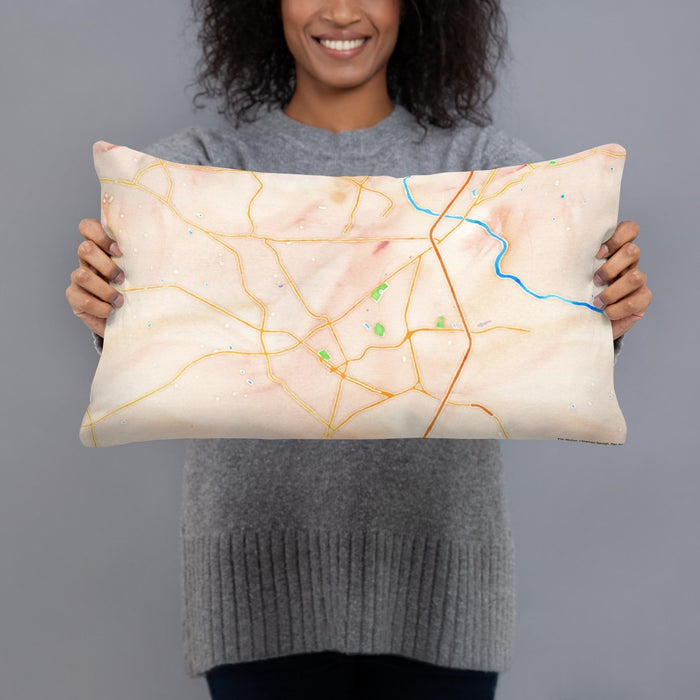 Person holding 20x12 Custom Rock Hill South Carolina Map Throw Pillow in Watercolor