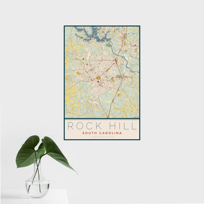 16x24 Rock Hill South Carolina Map Print Portrait Orientation in Woodblock Style With Tropical Plant Leaves in Water