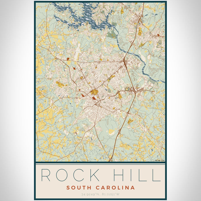 Rock Hill South Carolina Map Print Portrait Orientation in Woodblock Style With Shaded Background