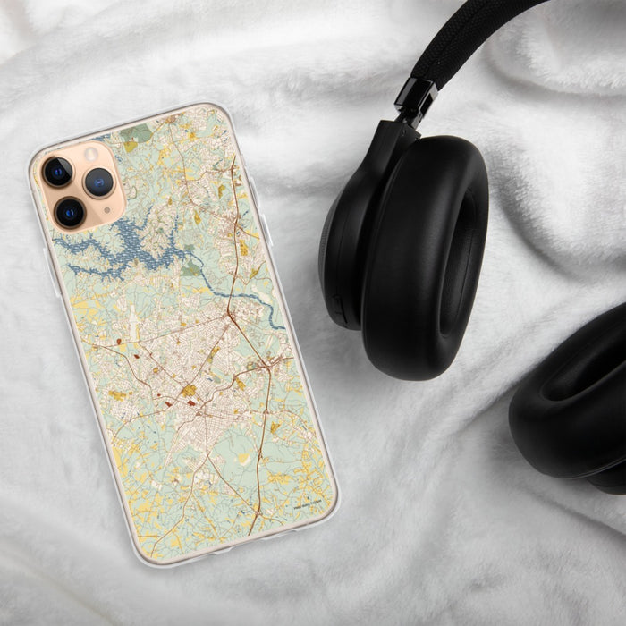 Custom Rock Hill South Carolina Map Phone Case in Woodblock on Table with Black Headphones
