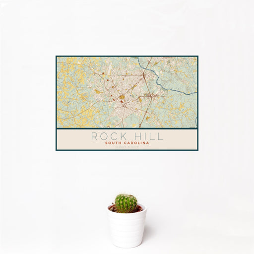 12x18 Rock Hill South Carolina Map Print Landscape Orientation in Woodblock Style With Small Cactus Plant in White Planter