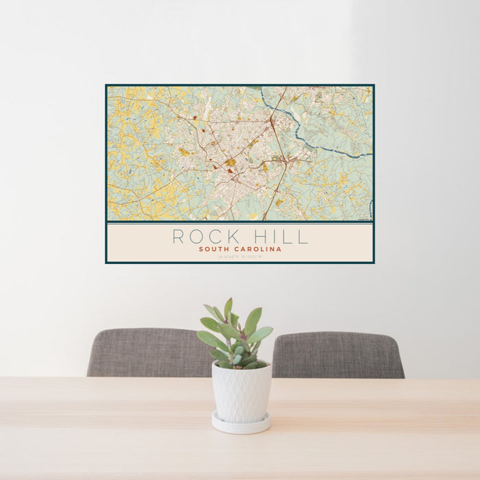 24x36 Rock Hill South Carolina Map Print Landscape Orientation in Woodblock Style Behind 2 Chairs Table and Potted Plant